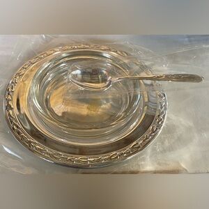 Vintage Oneida Silver Plate with Glass Condiment Dish & Spoon
